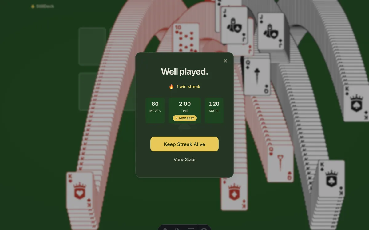 The StillDeck win cascade — cards bouncing in arcs across the felt as the 'Well played' overlay confirms the win.